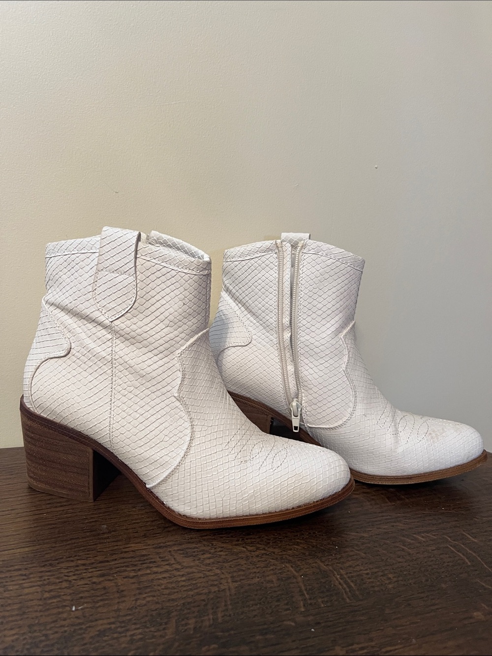 White Faux-Snakeskin Western Ankle Booties with Block Heel